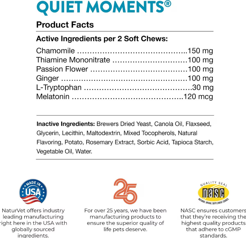 NaturVet Quiet Moments Plus Melatonin Soft Chews Calming Supplement for Dogs