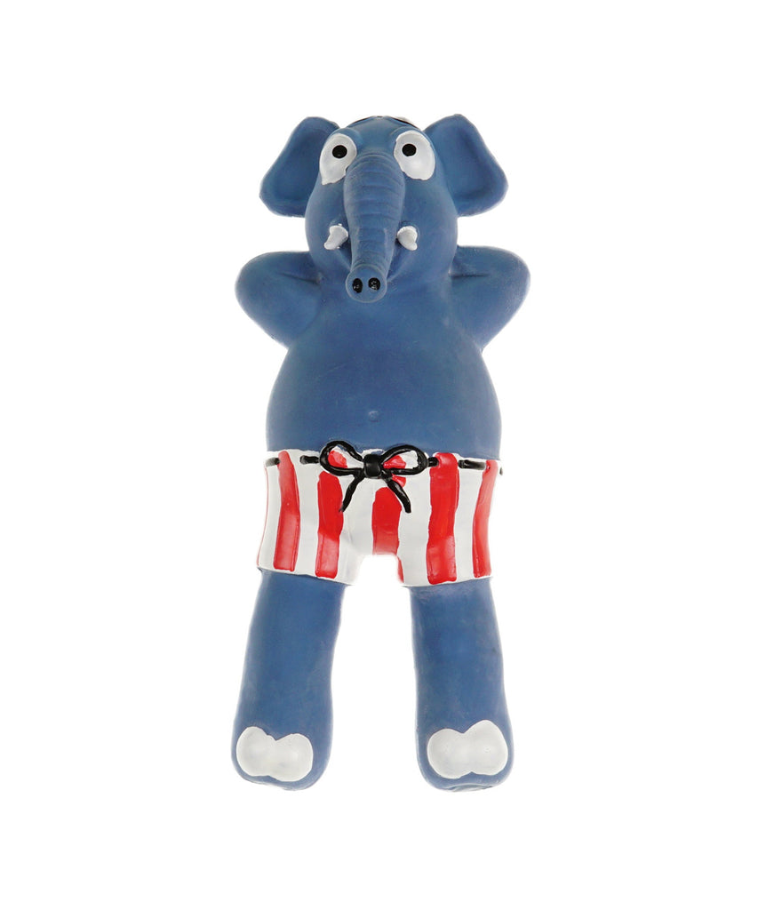 blue rubber elephant toy in swim trunks for dogs 8.5